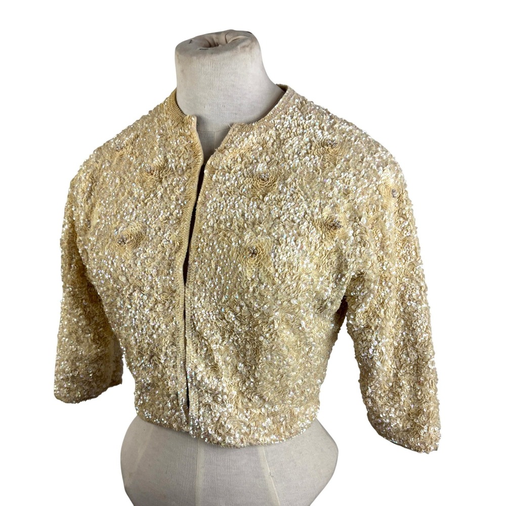 Vintage 80s Neusteters Sequin Jacket Cropped Ivory Beaded Bolero Small